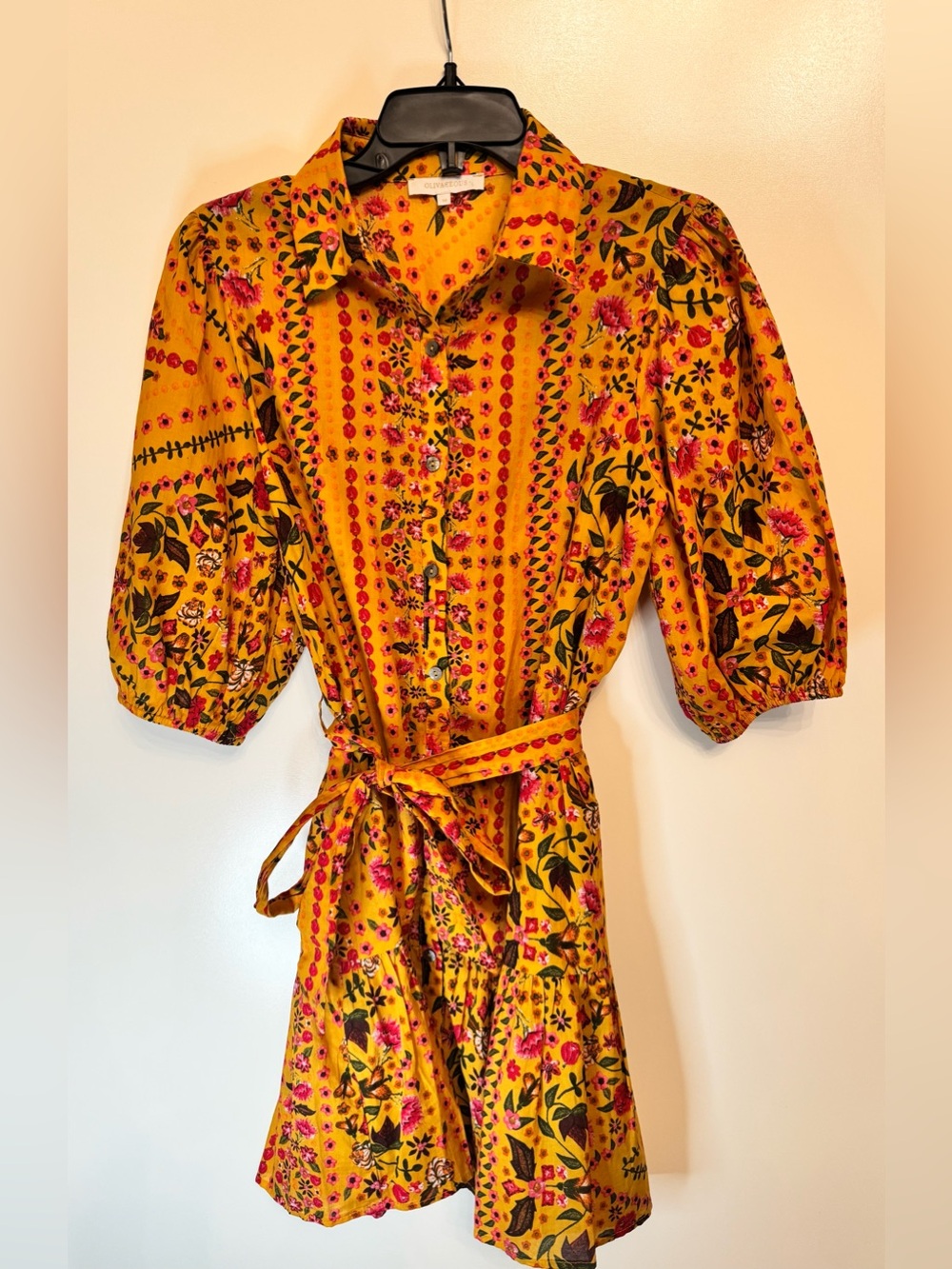 Olivaceous Yellow Floral Shirt Dress Belted Puff Sleeve Boho Mini Medium